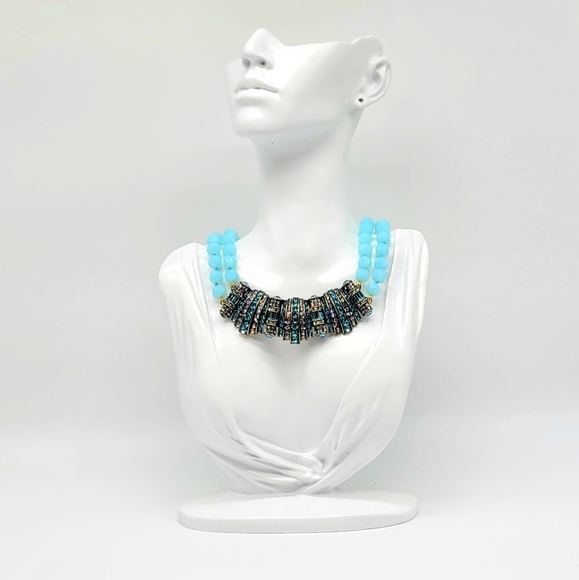 Heidi Daus Aquamarine Swarovski Crystal Horizontal Art Deco Pendant Necklace - Picture 6 of 14